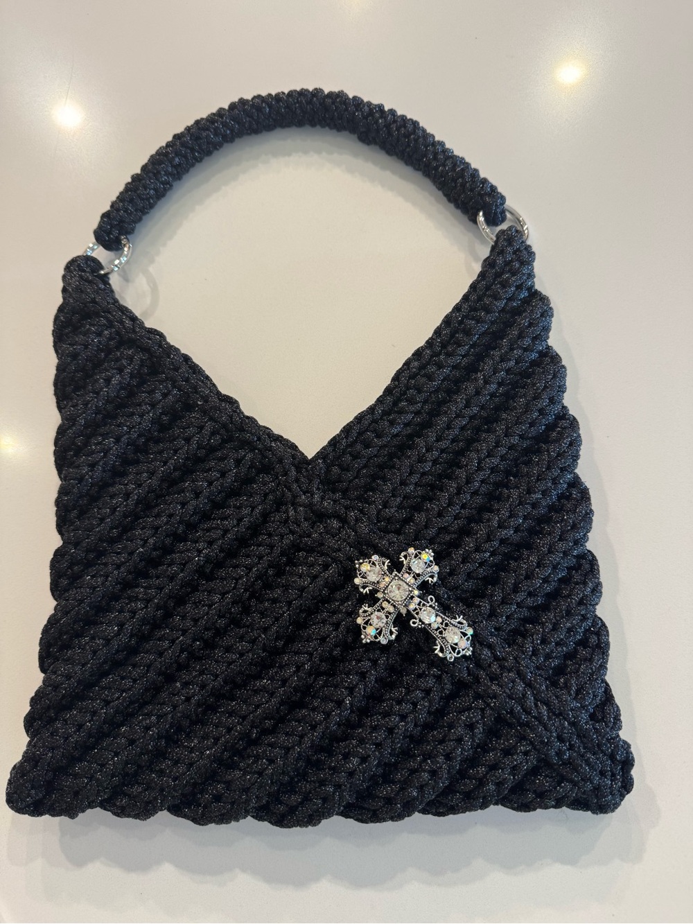 New Bonito Bolso HandmadeBlack Knitted Rope Shoulder Bag with Crystal Cross Acce
